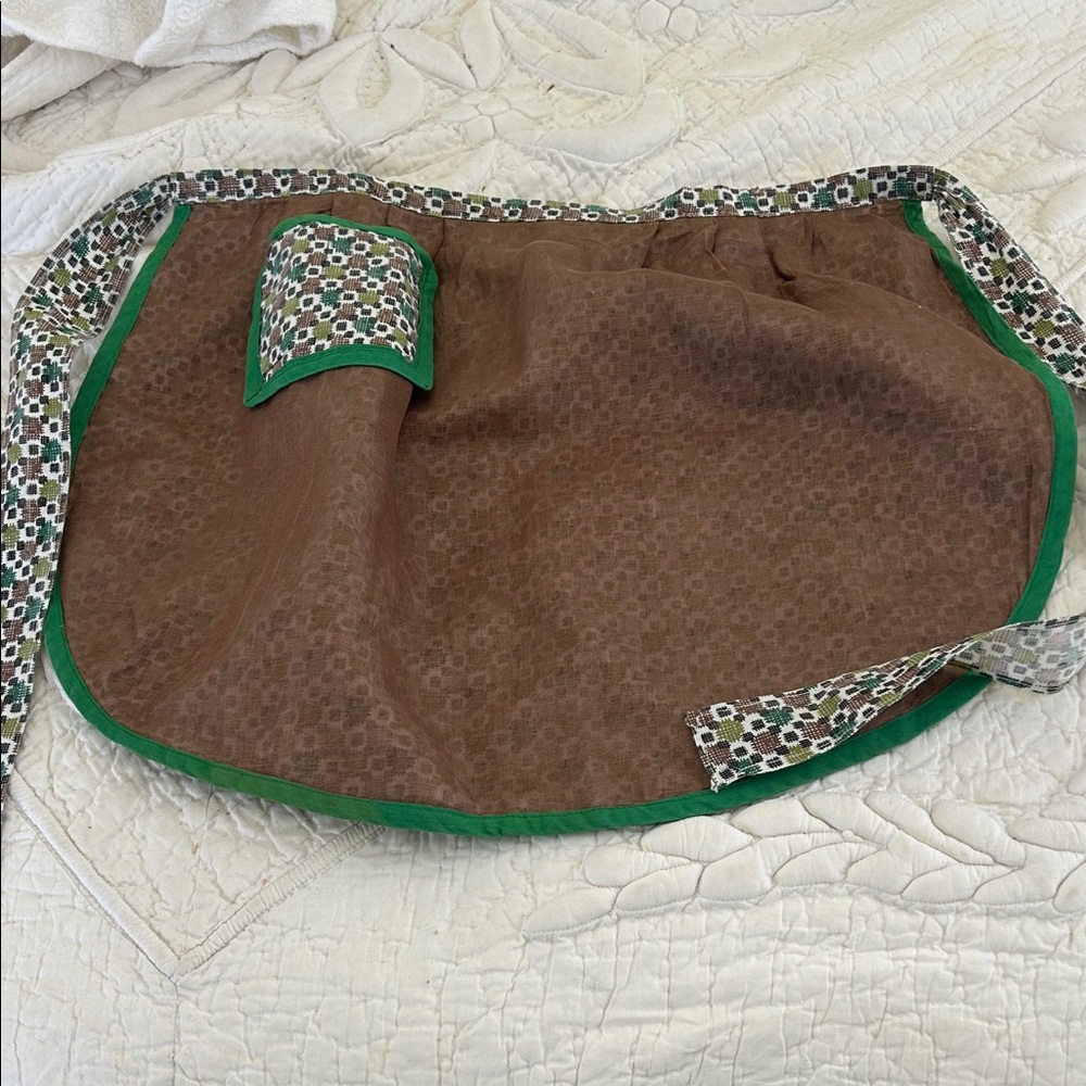 Reversible Handmade Vintage Brown & Green print Apron with Green Bias tape trim